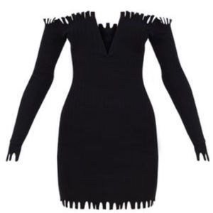 Ribbed Bardot Raw Edge Detail Bodycon Dress